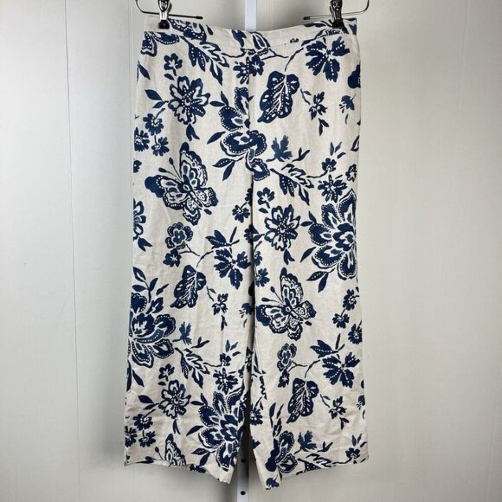 Alfred Dunner Wide Leg Pants Linen Rayon Blue Cream Floral Womens‎ Size 10